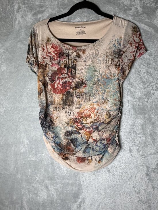 Tops - SWEET LILAC Top Womens XL Beige Floral Graphic Cap Sleeve Stretch Y2K